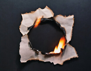 burned hole on piece of paper isolated on black stone background. copy space for your text or image. - obrazy, fototapety, plakaty