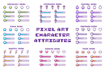 Pixel Art Y2K Character Attributes Set. 8bit Heath Bar, Mana Bar, and also Bars of Energy, Armor, Vitality, Rage, Strength, and Loading. Pixel Retro Game UI Elements, Icons, Symbols, Signs and Assets
