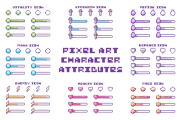 Poster Pixel Art Y2K Character Attributes Set. 8bit Heath Bar, Mana Bar, and also Bars of Energy, Armor, Vitality, Rage, Strength, and Loading. Pixel Retro Game UI Elements, Icons, Symbols, Signs and Assets © Takoyaki Shop