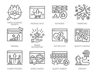 SEM, search engine marketing icons of vector web marketing. Website pages and browser screens with rank, strategy, keywords research and analysis, backlink, pay per click and quality content symbols