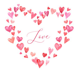 The illustration of a heart-shaped wreath made of assorted watercolor hearts. Holiday overlay design. PNG clipart.