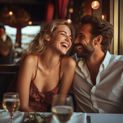 Young attractive adult copy enjoy dinner in romantic restaurant laughing and having fun together. Concept of people man and woman dating and eat lunch. Romance leisure activity