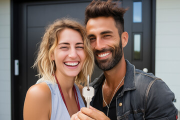 Portrait of happy young Caucasian couple renters showing house keys buy first shared home together. Smiling tenants, men and women, move into their new home. Concept of reality, rent, relocation. - obrazy, fototapety, plakaty