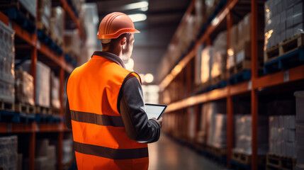 Smart Augmented Reality, AR warehouse management system. Worker hands holding tablet on warehouse as background