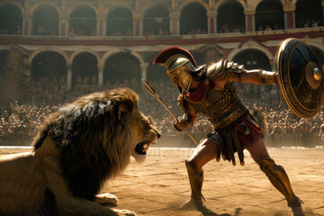 Epic Gladiator and Lion Scene for Historical Drama and Cinematic Storytelling Visuals