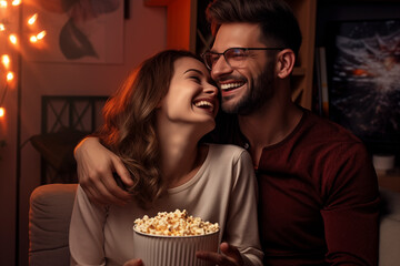 Adult couple watching TV at home while sitting on sofa illuminated by warm cozy light, copy space. Thirty-year-olds smile while sitting nearby. Leisure and relaxation concept
