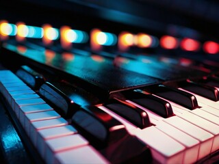 Multi colors effect piano keyboard scene, close view, music lover, enjoyable moment, party time.