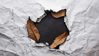 Naklejka premium Hole ripped in white paper with dry leaves on black background. View from above, space for your text.