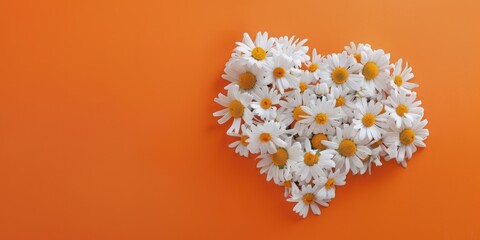 Fototapeta na wymiar Wild daisies in shape of heart on bright orange background with space for text. 