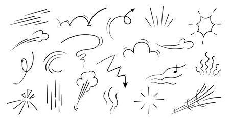 Movement or motion lines isolated vector set. Comic speed and boom effect symbols. Funny bubbles or clouds, arrows, track and trace. Funny smoke and steam, black and white explosions, dynamic actions - 733796675