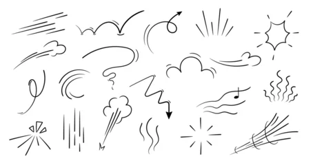 Foto op Aluminium Movement or motion lines isolated vector set. Comic speed and boom effect symbols. Funny bubbles or clouds, arrows, track and trace. Funny smoke and steam, black and white explosions, dynamic actions © Vector Tradition