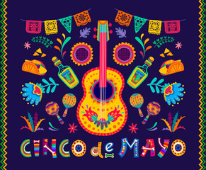 Cinco de Mayo mexican holiday banner with guitar, papel picado flags, food and tropical flowers vector pattern. Mexico fiesta mariachi guitar, maracas, tequila, tex mex tacos and paper cut bunting