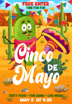 Jalapeno pepper character on Cinco de mayo mexican holiday flyer. Vector invitation for party celebration with cartoon green guindilla personage wear sombrero in desert with cacti and festive garlands