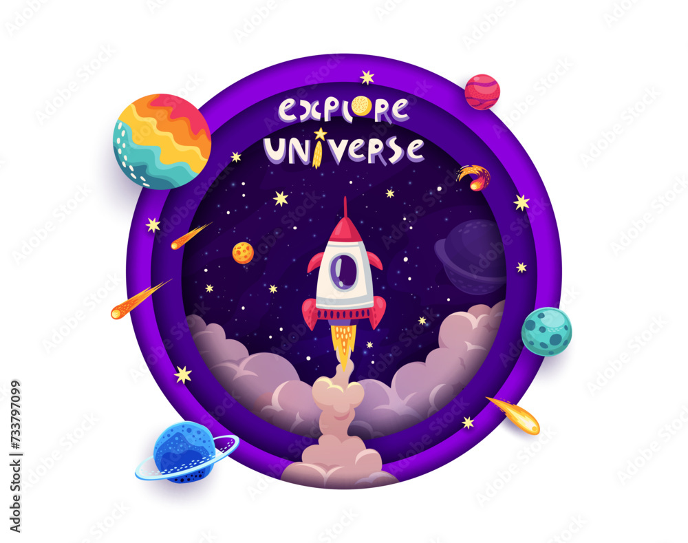 Poster space paper cut banner with rocket launch, galaxy planets and stars. cartoon 3d vector design with s