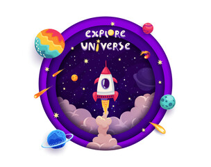 Space paper cut banner with rocket launch, galaxy planets and stars. Cartoon 3d vector design with spaceship in starry Universe and papercut round frame. Futuristic cosmic travel and cosmos explore