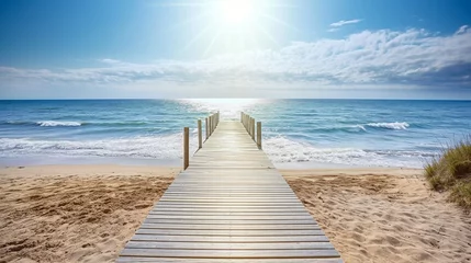 Fotobehang Bosweg Wooden path at idealistic landscape over sand dunes with ocean view, sunset summer