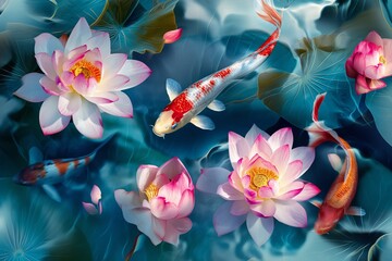Koi fish swimming, Colorful decorative fish float in an artificial pond with beautiful flowers
