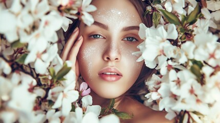 Beautiful young woman touching her face over blooming garden background. Cosmetology , beauty and spa.