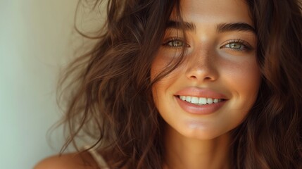 Fototapeta premium Brunette girl with long and curly hair. Beautiful model woman