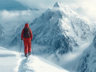 Fototapeta na wymiar Man trekking in mountains. Cold weather, snow on hills