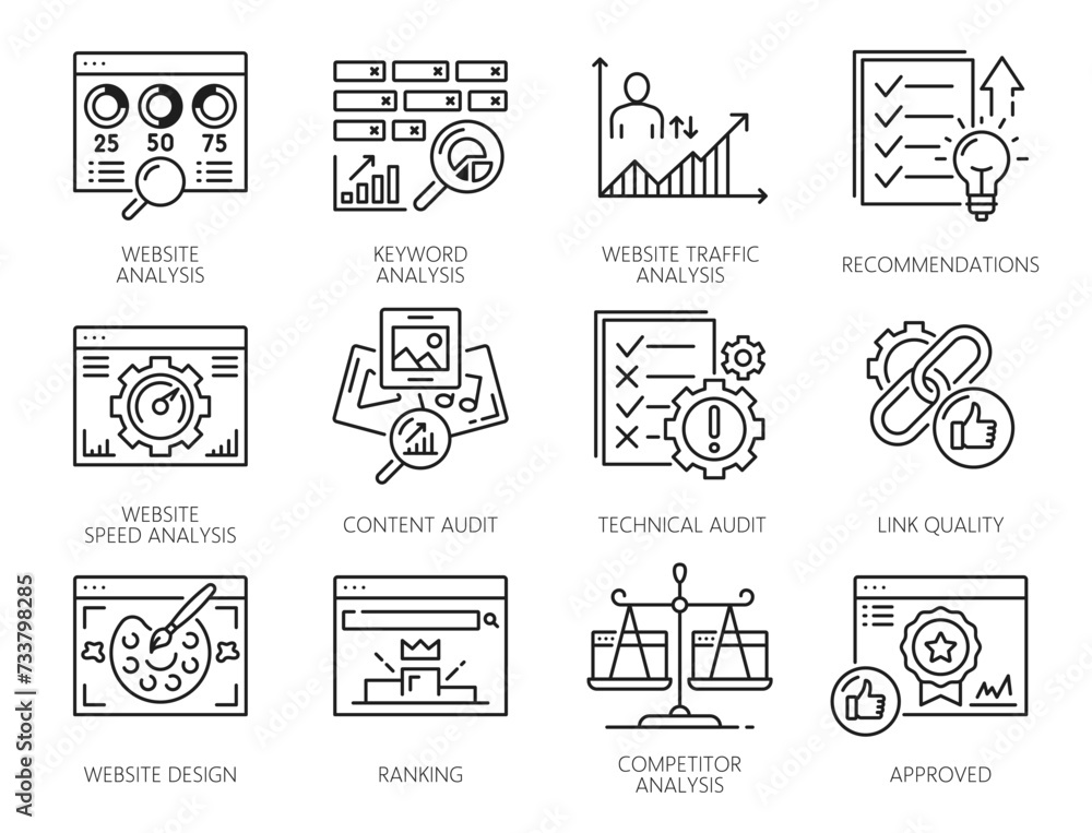 Leinwandbilder Web audit icons of website SEO analysis. Digital marketing technology vector thin line symbols with report graphs of site content, search engine optimization, design, technical and competitors audits