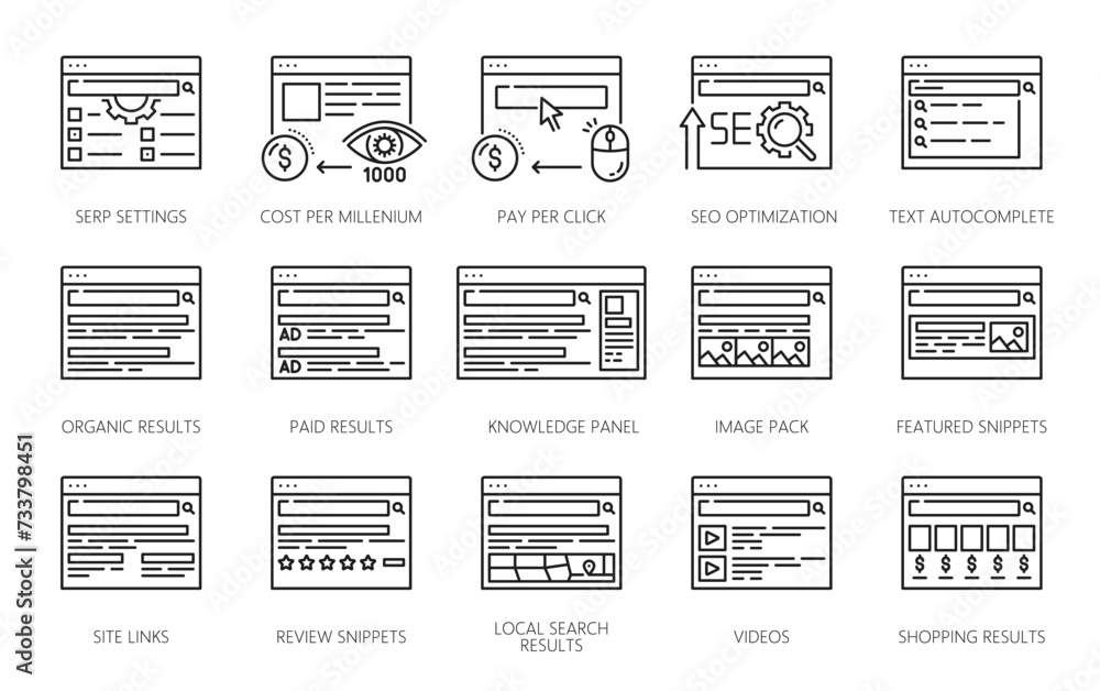 Poster serp icons. search engine result page vector symbols of digital marketing. thin line websites of ser