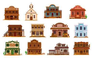 Western Wild West town cartoon buildings. America Wild West city or town saloon, church, bank and sheriff office, gun shop, drug storage and motel isolated vector vintage wooden buildings, houses
