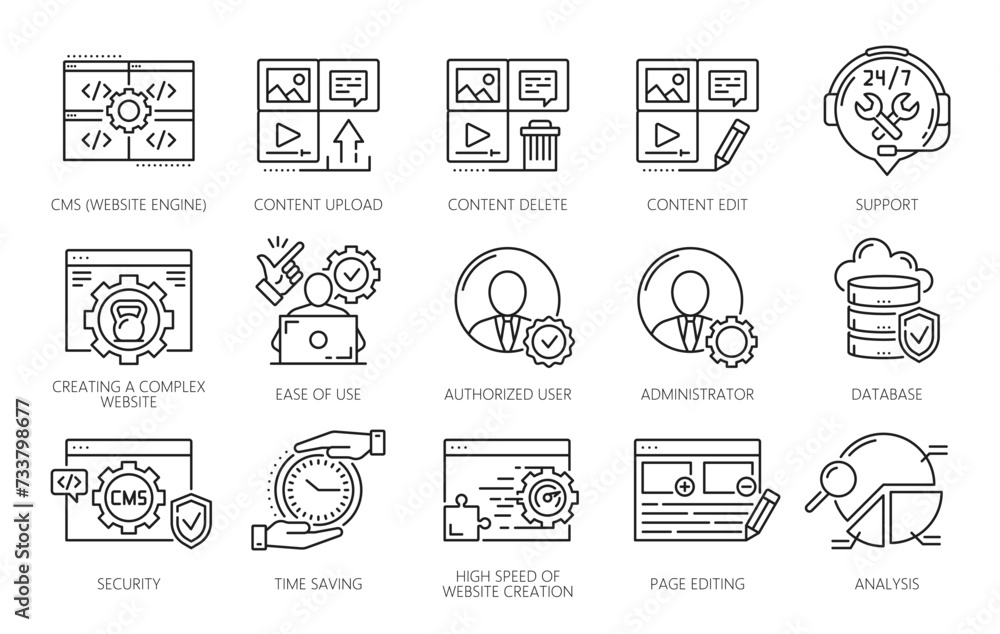 Aufkleber cms, content management system icons, vector web technologies. thin line website admin, laptop compu
