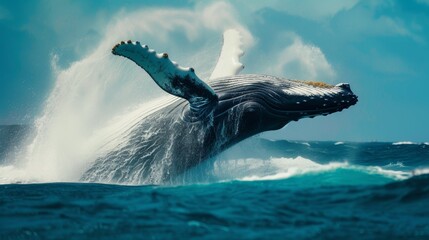 Dramatic Humpback Whale Breaching with Crashing Waves - obrazy, fototapety, plakaty