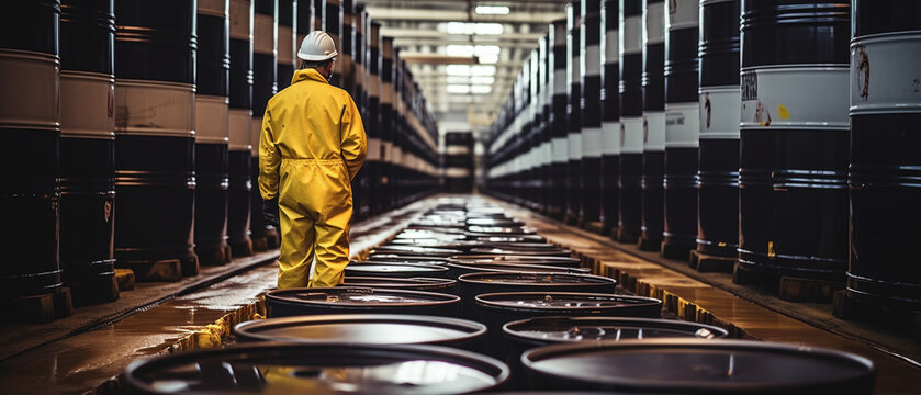 Industriearbeiter in einer Lagerhalle voller &Ouml;lf&auml;sser