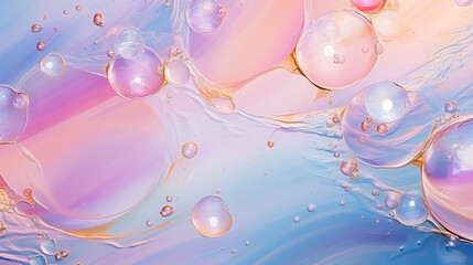 Delikatne różowo - niebieskie tło z bańkami mydlanymi - abstrakcyjne bąbelki z farbą akrylową - obrazy, fototapety, plakaty