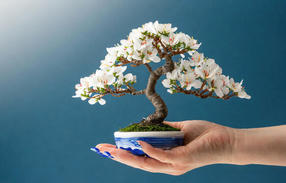 person holding a bonsai cherry tree