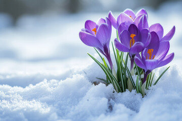 Naklejka premium Group of Purple Flowers in the Snow