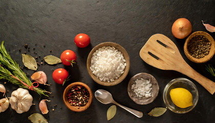 top view of food ingredients and spices on black stone background. Food preparation, natural healthy eating concept. Copy space for text