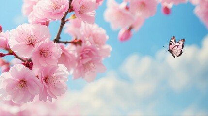 Butterfly on Blossoming Pink Cherry Branches. A delicate butterfly flutters among pink cherry blossoms against a soft blue sky with fluffy clouds.