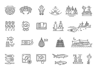 Fishing industry line icons, fishery boat, fish market and seafood store, vector linear symbols. Sea fishing industry, fisherman net or fishnet, fish procession and food production equipment