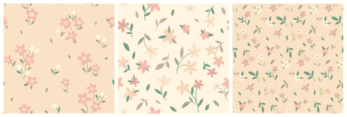 Fototapeta na wymiar Seamless floral pattern, liberty ditsy print collection. Cute botanical design, pretty flower surface: small hand drawn daisy flowers, tiny leaves, mini simple plants in abstract. Vector illustration.