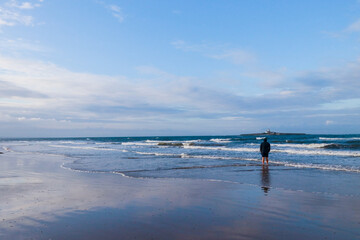 sandy beach with a man walking 