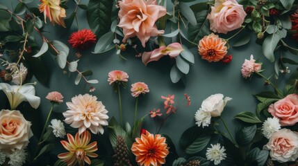 Assortment of Flowers in a Beautiful Flat Lay Arrangement AI Generated.