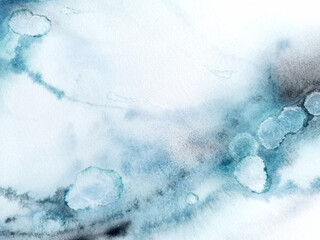 Abstract watercolor background with random blots, splashes, paint stains on wet paper. Artistic...