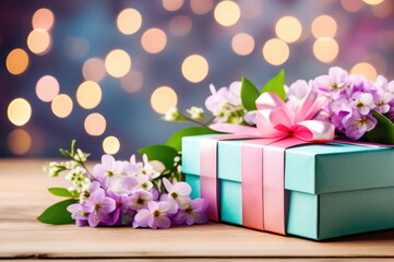 Gift Box Surrounded by Flowers and Bokeh