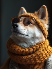 Akita dog portrait with high necked sweater, showcasing innovative and fashionable beauty trends from the 1960s