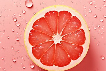 Sliced grapefruit, ice, water droplets from above on pale pink background. Generative AI