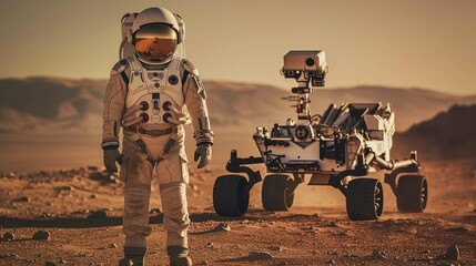 An astronaut in full space suit stands beside a Mars exploration rover on a desert-like terrain, evoking a Martian environment.