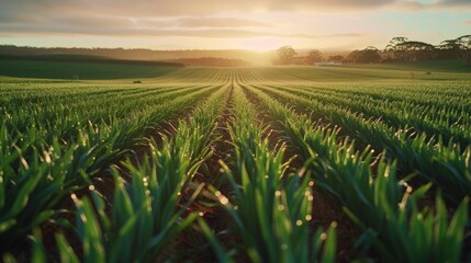 The sun rises over vibrant green crop rows in a peaceful rural farm landscape, highlighting sustainable agriculture.