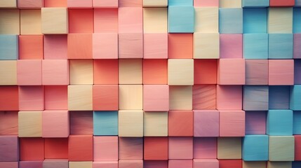Beautiful rainbow color pastel of wooden blocks. Pastel color square tiles arranged from future or 3d rectangular block background.