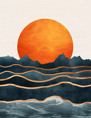 Sun Abstract Print Illustration in orange, pink, purple, blue and earth tone, digital collage, 