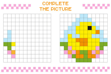 Complete the picture, complete the image of the grid. Coloring the cellular areas.Children's games.Cartoon vector illustration.Easter Egg.
Educational cards for children.Pixel art. Mosaic for children