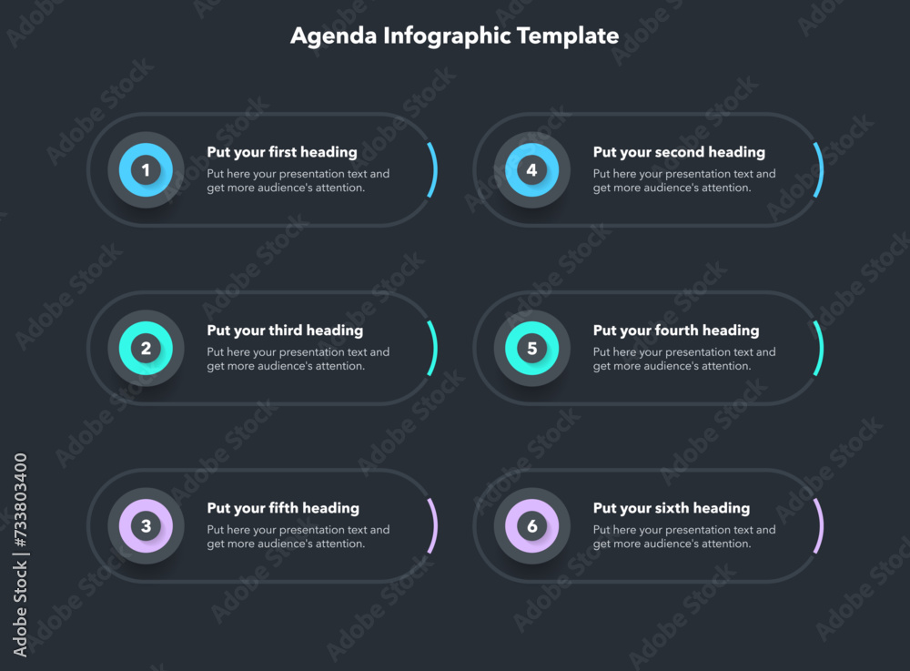 Poster agenda infographic template with six steps and a place for your text - dark version. can be used for