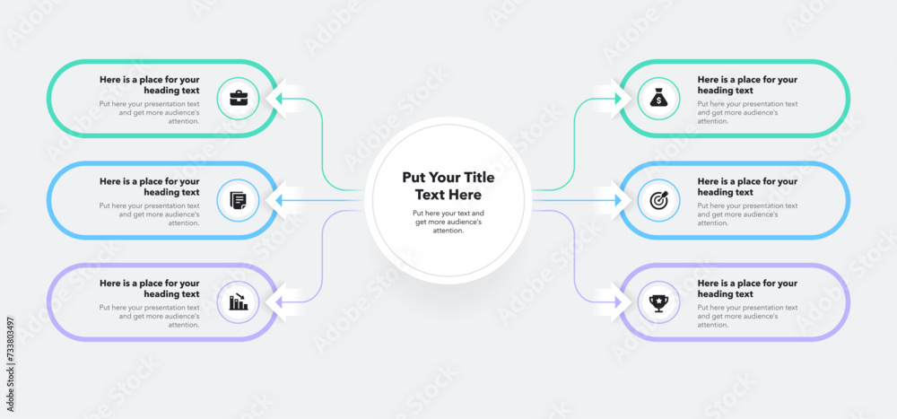 Poster Modern flowchart infographic with central circle and six colorful options. Simple flat presentation diagram with icons and places for your texts.